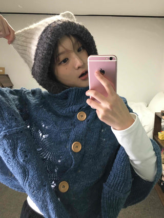 Cable Knit Punched Wood Button Hooded Vest