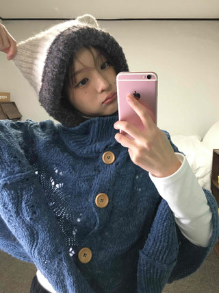 Cable Knit Punched Wood Button Hooded Vest