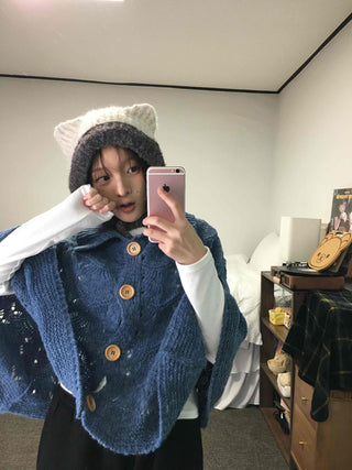 Cable Knit Punched Wood Button Hooded Vest