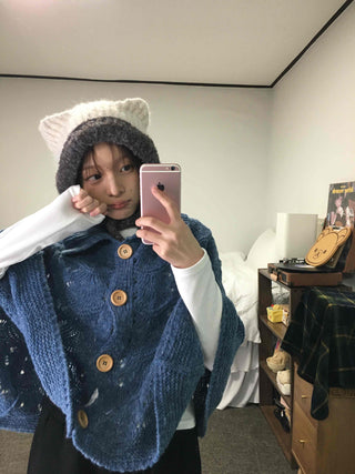 Cable Knit Punched Wood Button Hooded Vest