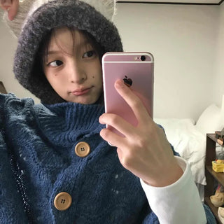 Cable Knit Punched Wood Button Hooded Vest