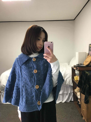 Cable Knit Punched Wood Button Hooded Vest