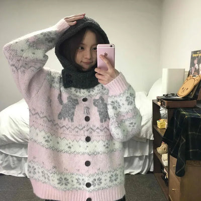 Fluffy Fair Isle oversized knit cardigan