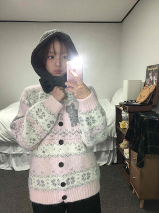 Fluffy Fair Isle oversized knit cardigan