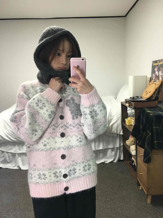 Fluffy Fair Isle oversized knit cardigan