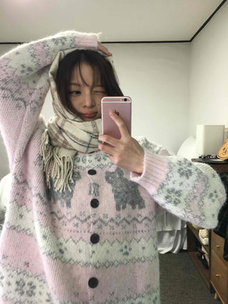 Fluffy Fair Isle oversized knit cardigan