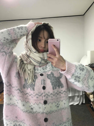 Fluffy Fair Isle oversized knit cardigan