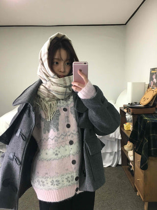 Fluffy Fair Isle oversized knit cardigan