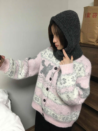 Fluffy Fair Isle oversized knit cardigan