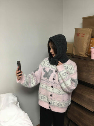 Fluffy Fair Isle oversized knit cardigan