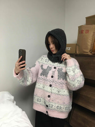 Fluffy Fair Isle oversized knit cardigan