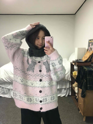 Fluffy Fair Isle oversized knit cardigan