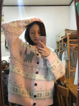 Fluffy Fair Isle oversized knit cardigan