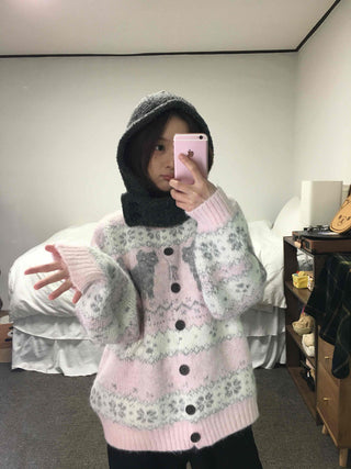 Fluffy Fair Isle oversized knit cardigan