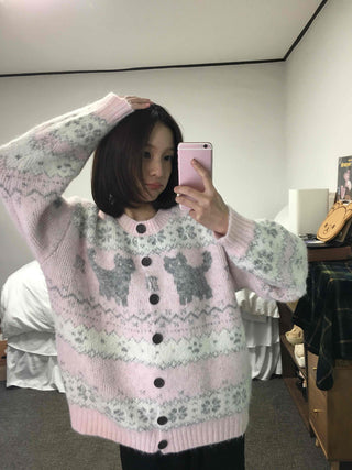 Fluffy Fair Isle oversized knit cardigan