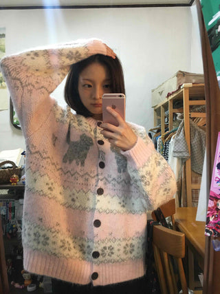 Fluffy Fair Isle oversized knit cardigan