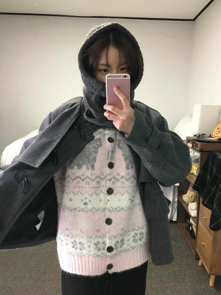 Fluffy Fair Isle oversized knit cardigan