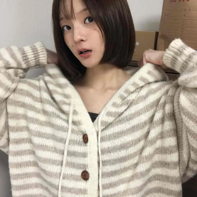 Soft Border Hooded Loose Fit Knit Cardigan