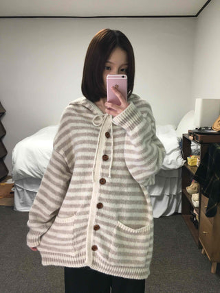 Soft Border Hooded Loose Fit Knit Cardigan