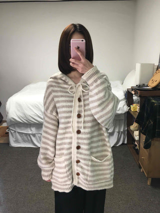 Soft Border Hooded Loose Fit Knit Cardigan