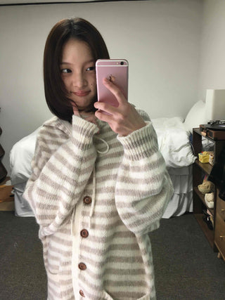 Soft Border Hooded Loose Fit Knit Cardigan