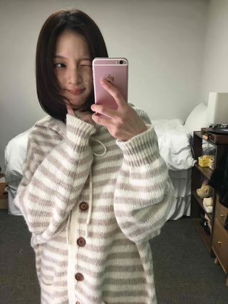 Soft Border Hooded Loose Fit Knit Cardigan