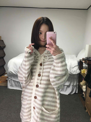 Soft Border Hooded Loose Fit Knit Cardigan