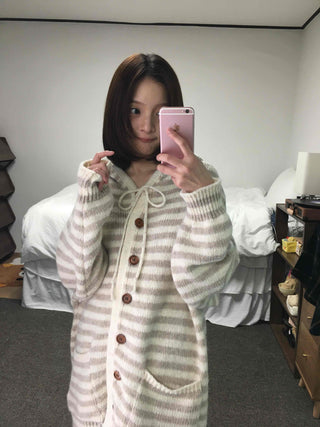 Soft Border Hooded Loose Fit Knit Cardigan