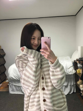 Soft Border Hooded Loose Fit Knit Cardigan