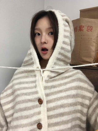 Soft Border Hooded Loose Fit Knit Cardigan