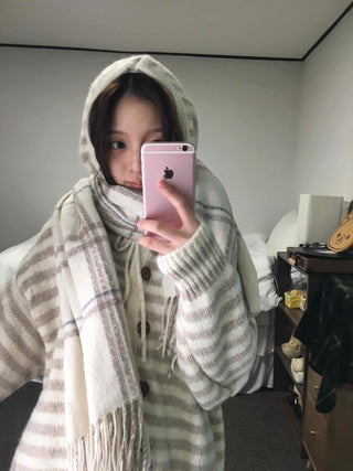 Soft Border Hooded Loose Fit Knit Cardigan