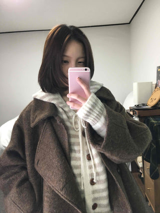 Soft Border Hooded Loose Fit Knit Cardigan
