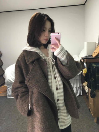 Soft Border Hooded Loose Fit Knit Cardigan