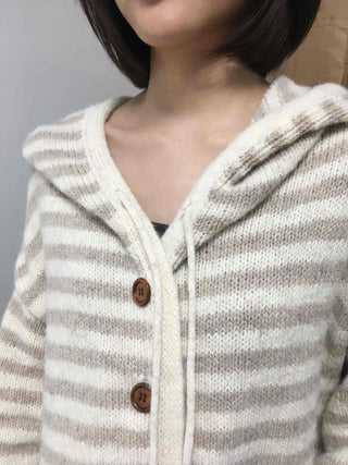 Soft Border Hooded Loose Fit Knit Cardigan