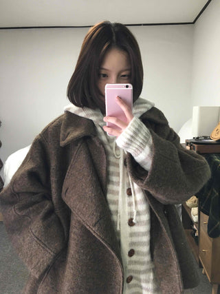 Soft Border Hooded Loose Fit Knit Cardigan