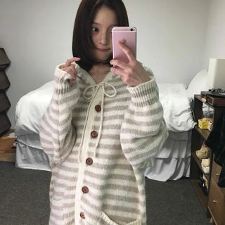 Soft Border Hooded Loose Fit Knit Cardigan