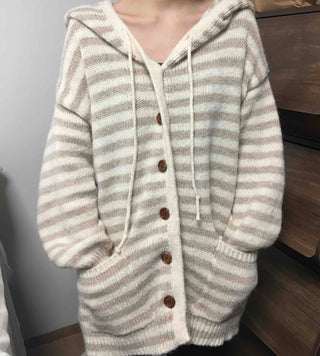 Soft Border Hooded Loose Fit Knit Cardigan