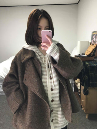 Soft Border Hooded Loose Fit Knit Cardigan