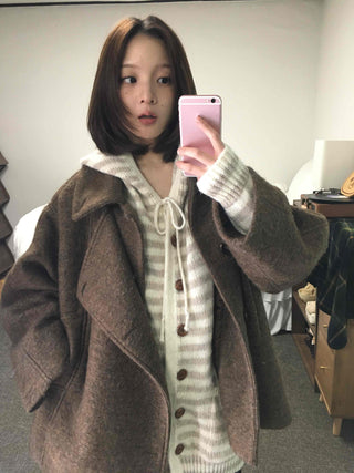 Soft Border Hooded Loose Fit Knit Cardigan