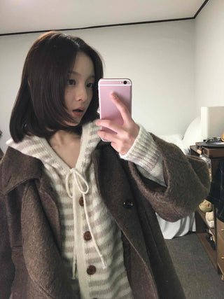 Soft Border Hooded Loose Fit Knit Cardigan