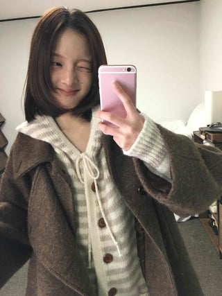Soft Border Hooded Loose Fit Knit Cardigan