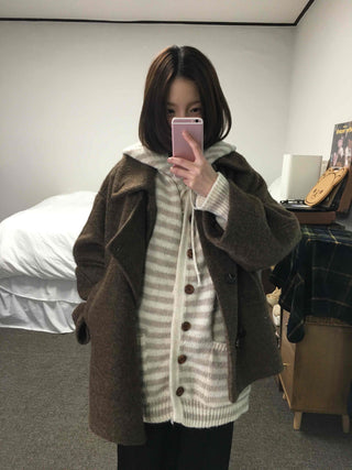 Soft Border Hooded Loose Fit Knit Cardigan