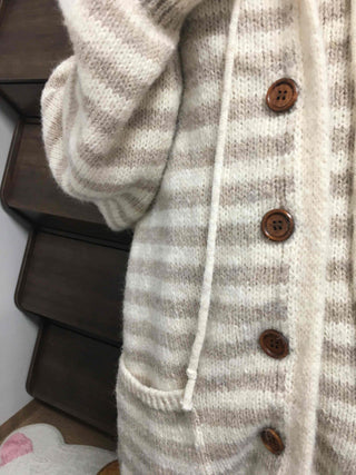 Soft Border Hooded Loose Fit Knit Cardigan