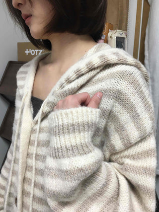 Soft Border Hooded Loose Fit Knit Cardigan