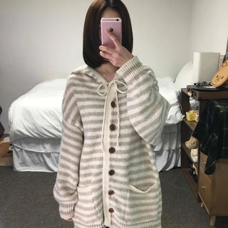 Soft Border Hooded Loose Fit Knit Cardigan