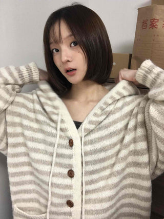 Soft Border Hooded Loose Fit Knit Cardigan