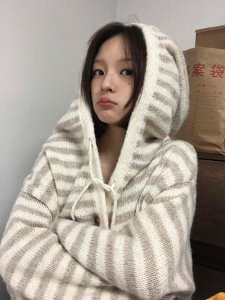 Soft Border Hooded Loose Fit Knit Cardigan