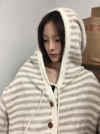 Soft Border Hooded Loose Fit Knit Cardigan