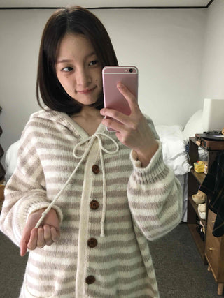 Soft Border Hooded Loose Fit Knit Cardigan