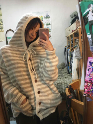 Soft Border Hooded Loose Fit Knit Cardigan